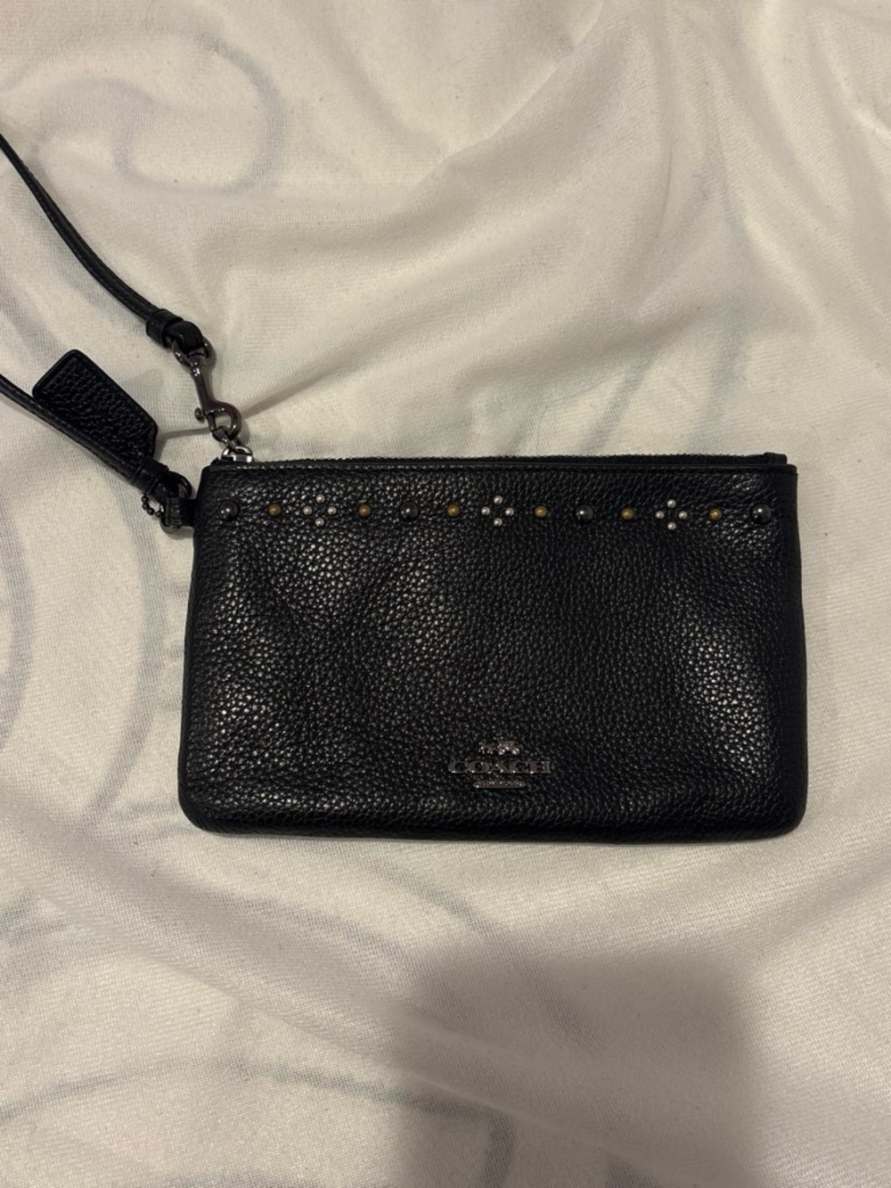 Coach Black Pebbled Leather Wristlet with Mixed Metal Studs